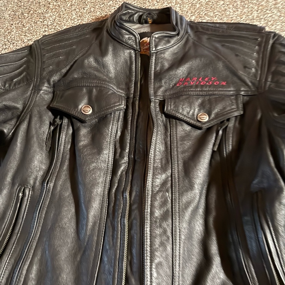 Harley-Davidson Black Leather Bomber Jacket with Pink Accents
